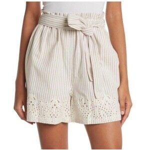 Johnny Was JADE Womens Ciana Paper Waist Shorts Size Small Tan Striped Belted